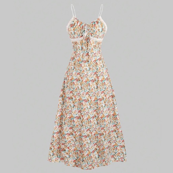 Dresses & Skirts - Long Floral Spaghetti Strap Maxi Dress with Lace Detail